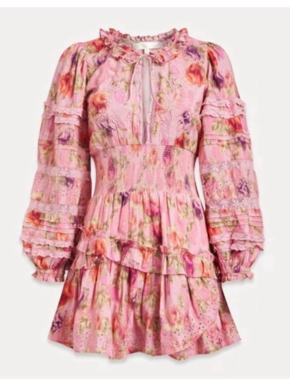 New! LoveShackFancy Clarkie Pink Floral Ruffle Mini Dress Lace Boho